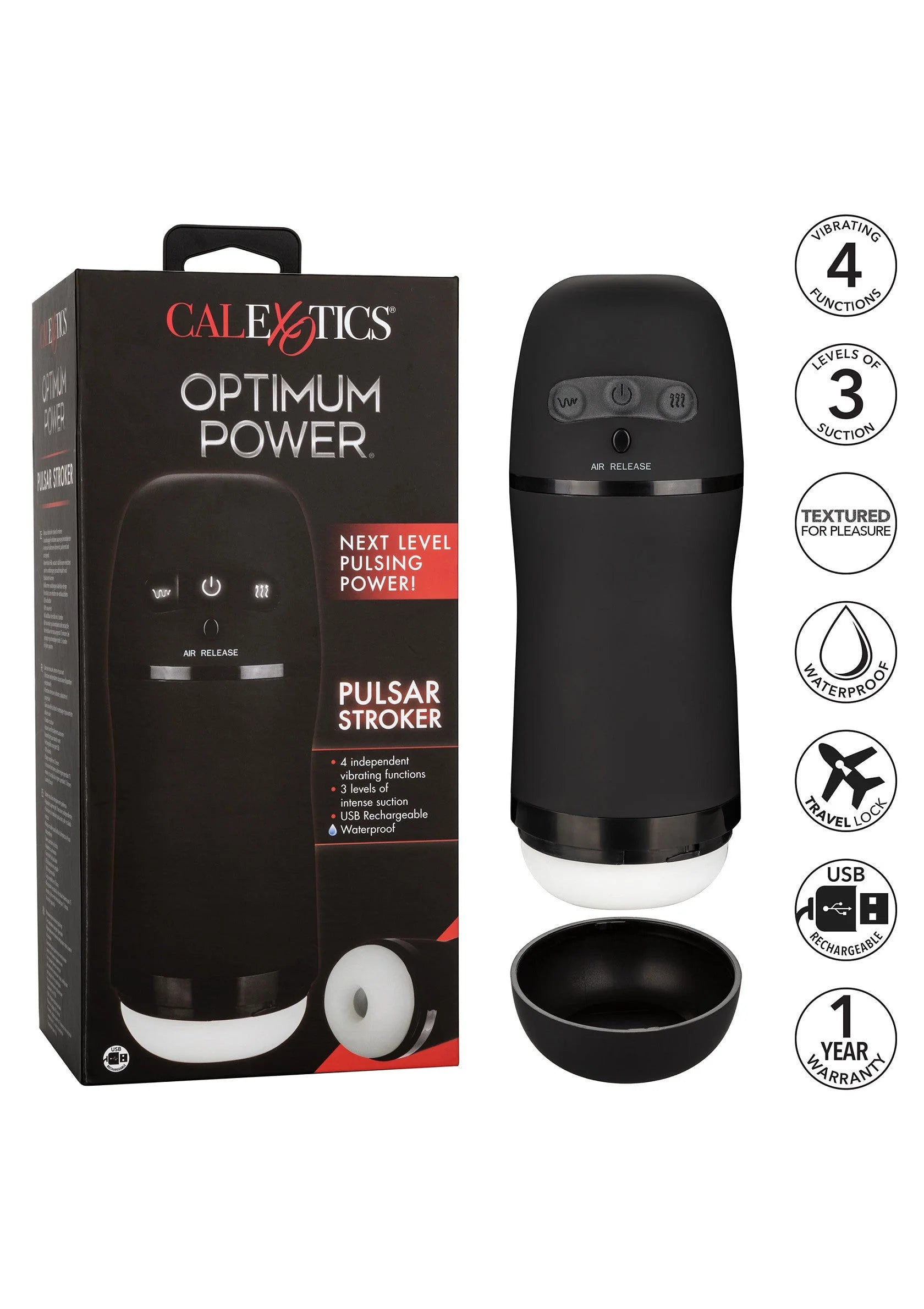Zwarte CalExotics Pulsar Stroker masturbator met bedieningspaneel en open basis