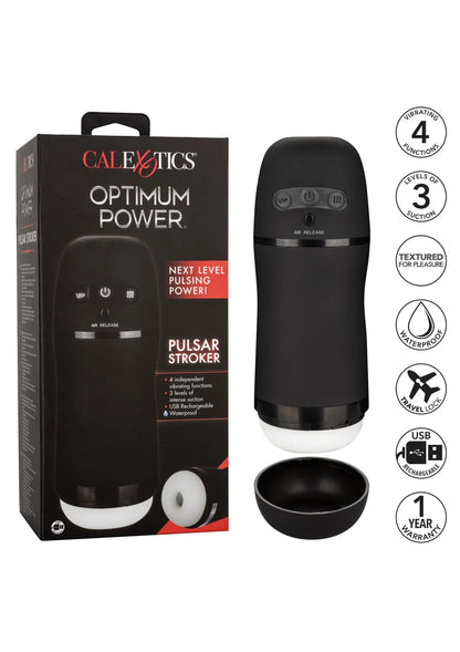 Zwarte CalExotics Pulsar Stroker masturbator met bedieningspaneel en open basis
