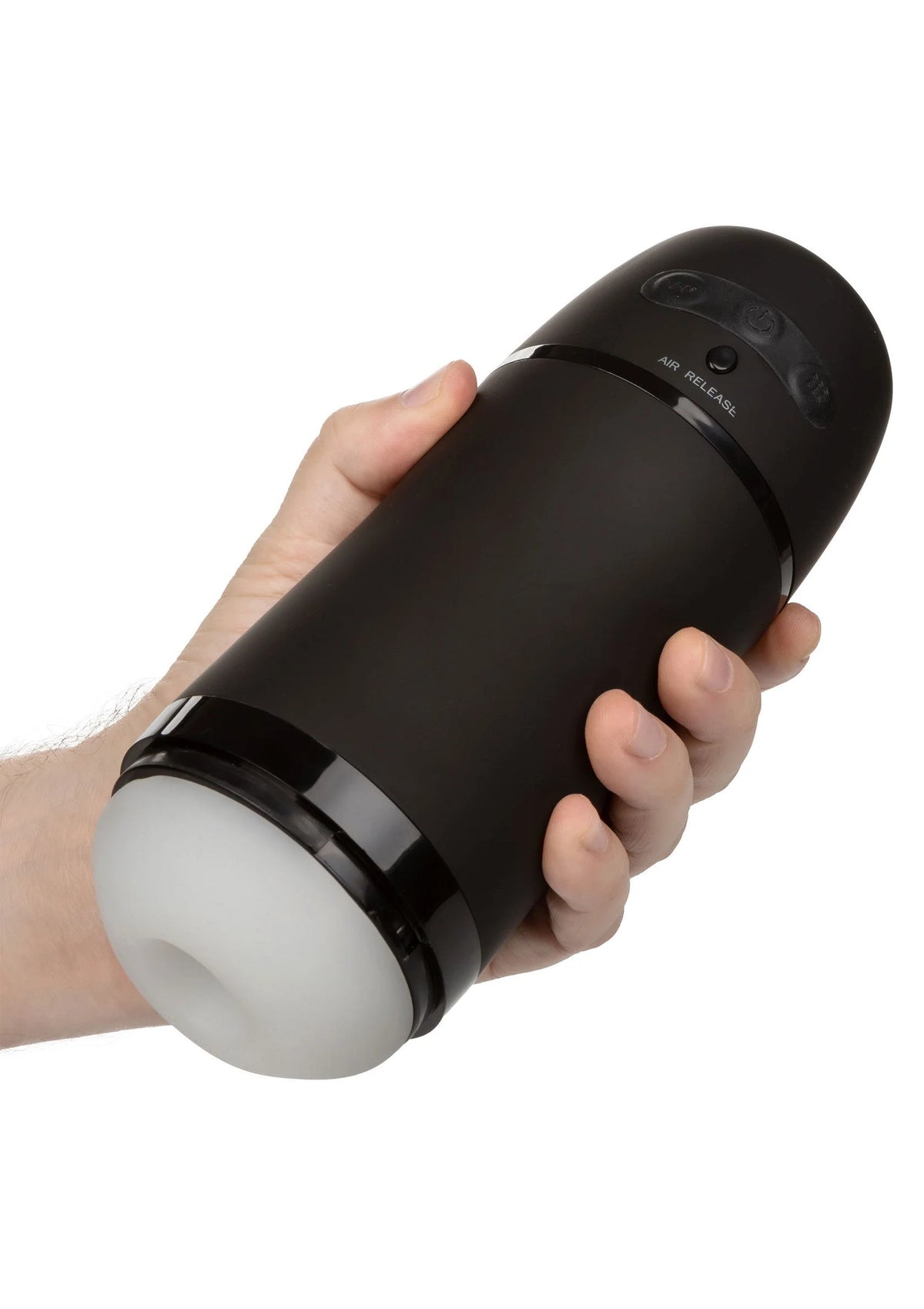 Zwarte masturbator in hand met witte zuigring aan de voorzijde