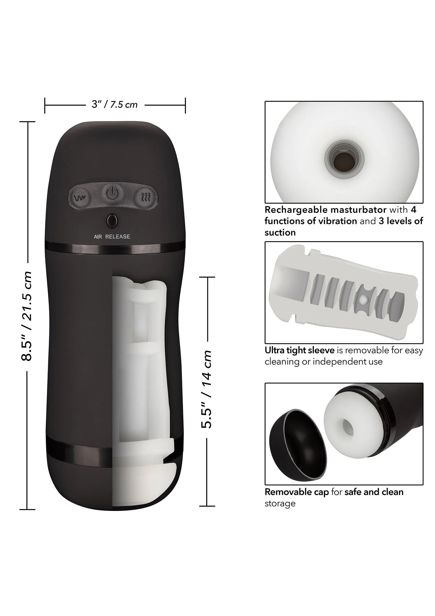 Zwarte masturbator met afneembare dop en witte binnenhuls, detail met maten