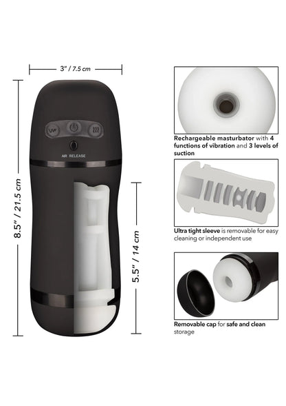 Zwarte masturbator met afneembare dop en witte binnenhuls, detail met maten