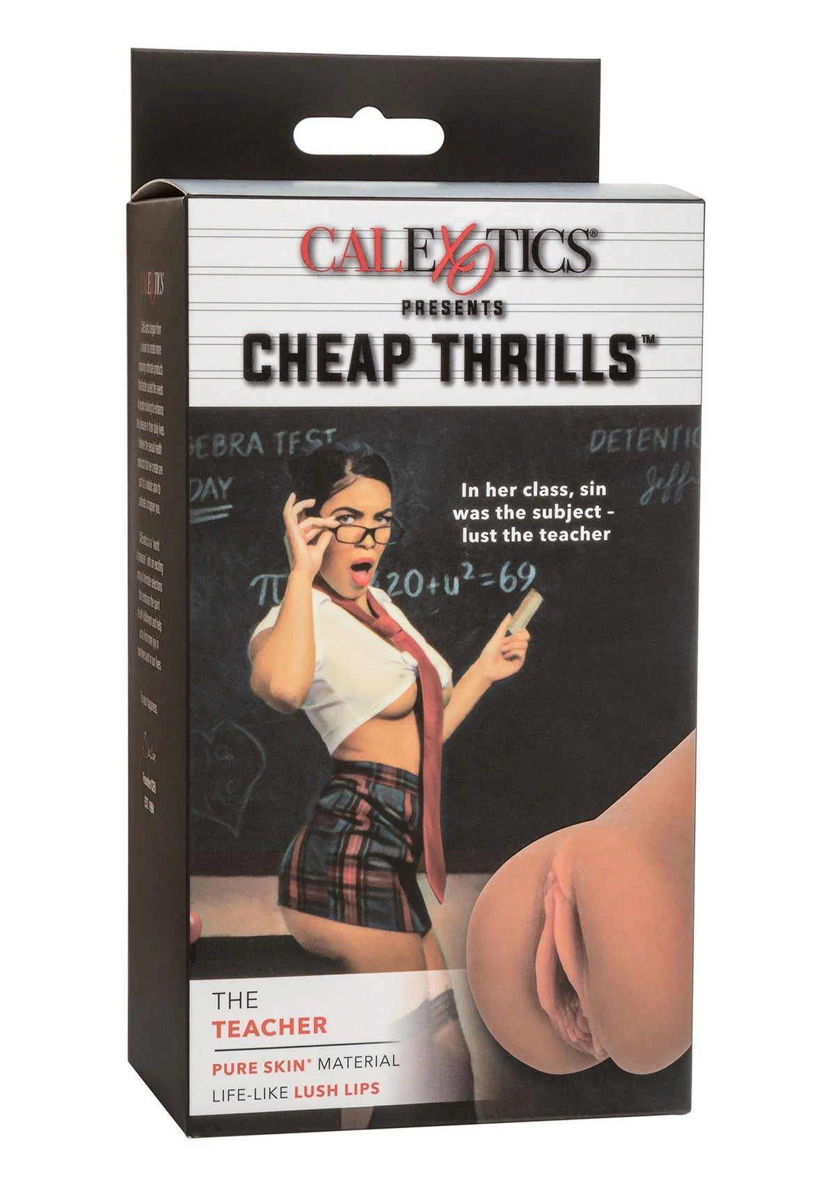 CalExotics Cheap Thrills The Teacher doos met productafbeelding en beige masturbator.