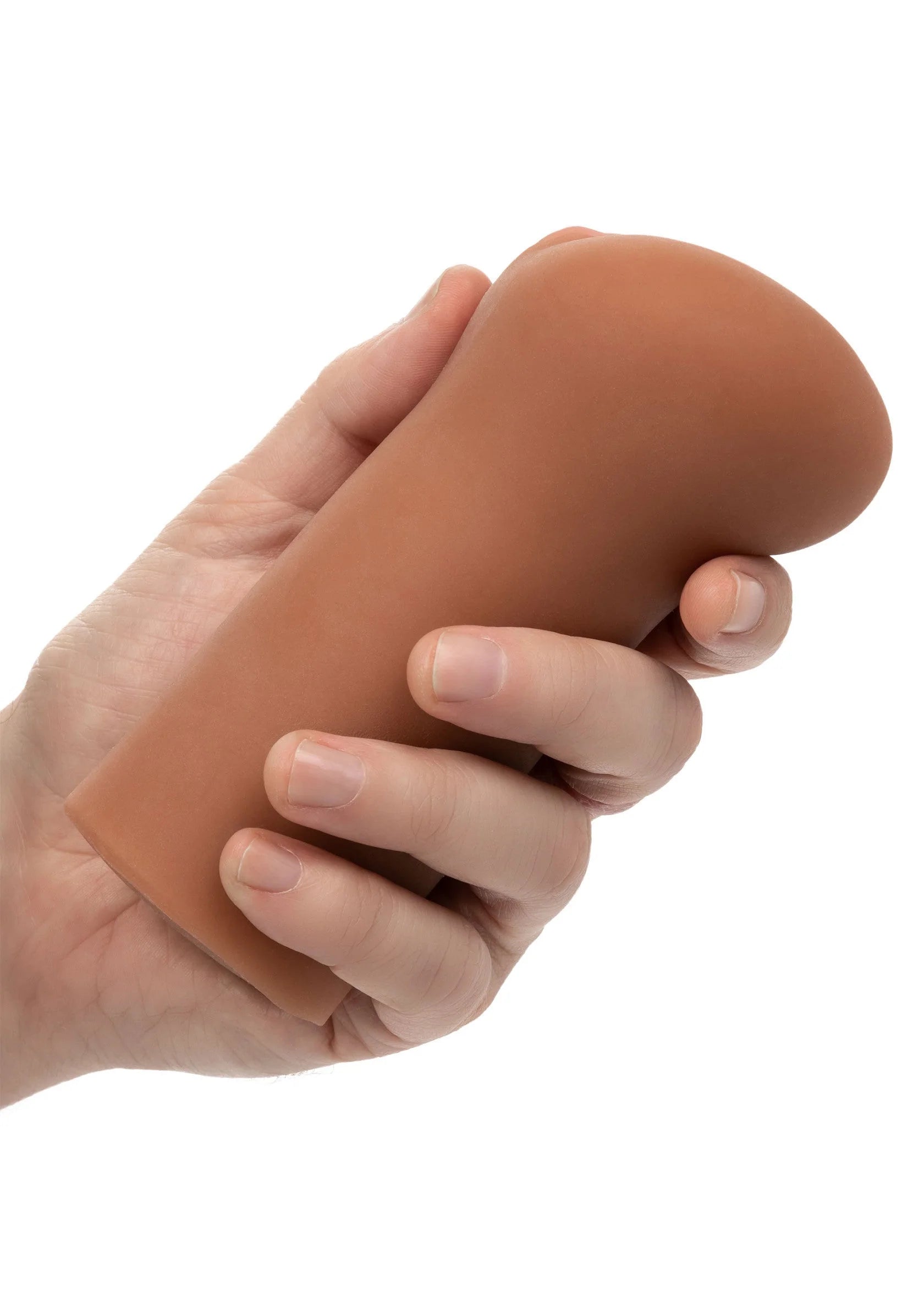 Vleesbruine masturbator vastgehouden door hand, gebogen vorm met zachte textuur