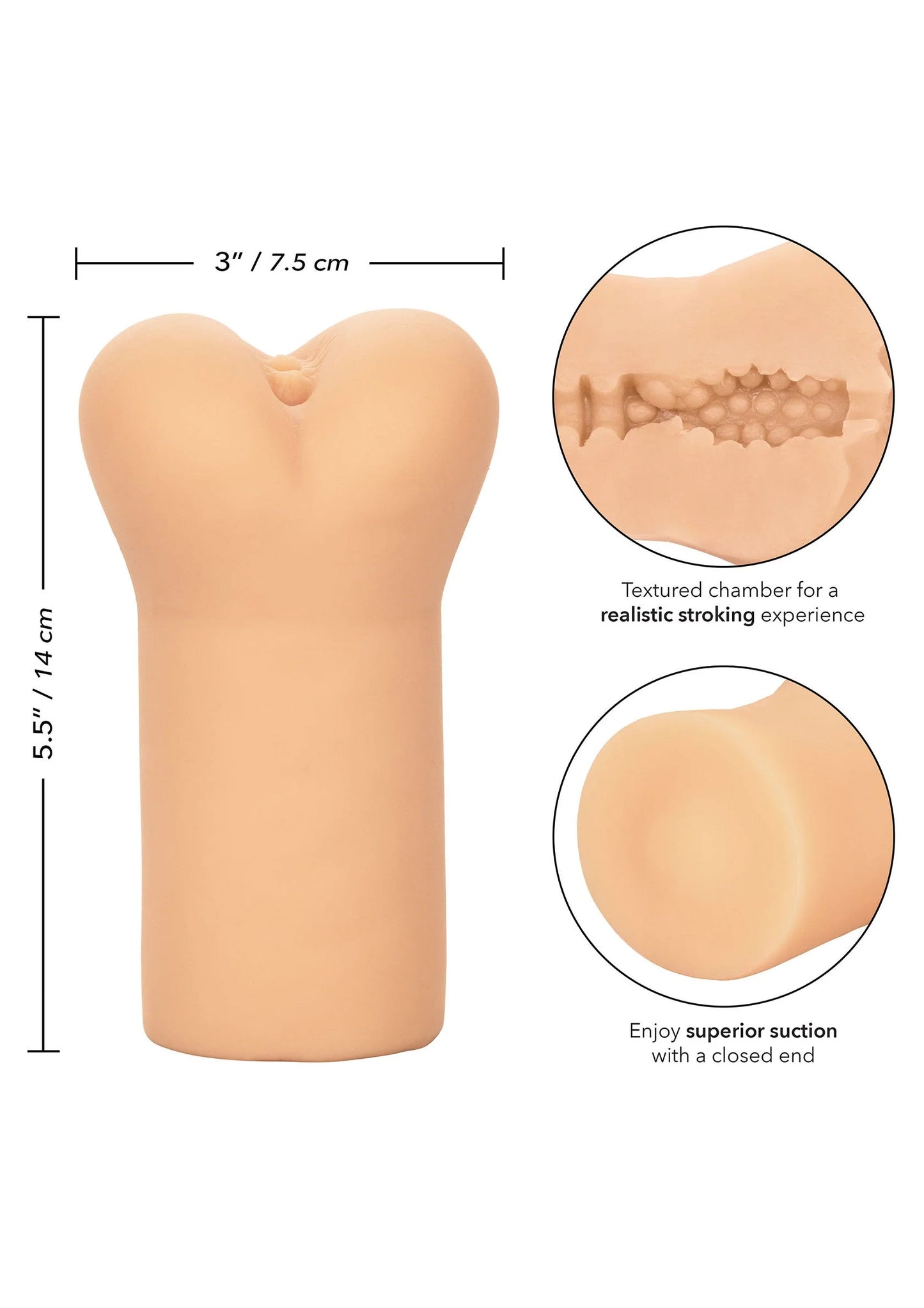 Masturbatie-stroker van lichtbeige kunsthuid met getextureerde kamers en gesloten eind