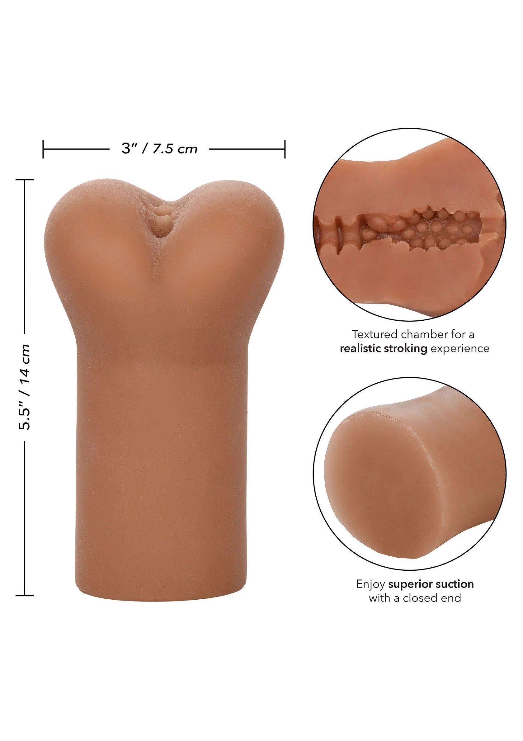 Vleesbruine masturbator-stroker met getextureerde binnenkamer en open uiteinde.