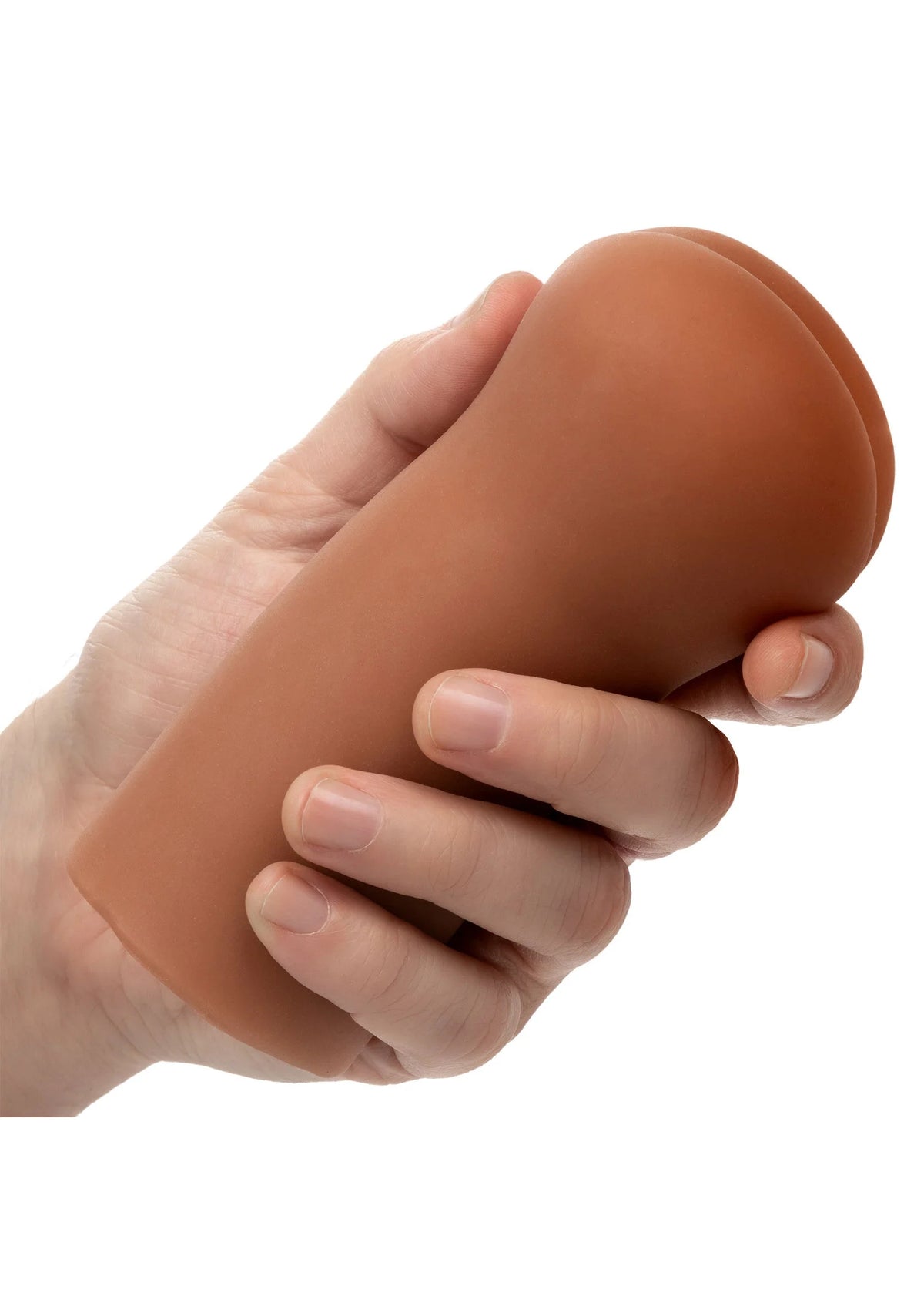Vleesbruine masturbator-stroker vastgehouden in handen, met afgeronde kop.