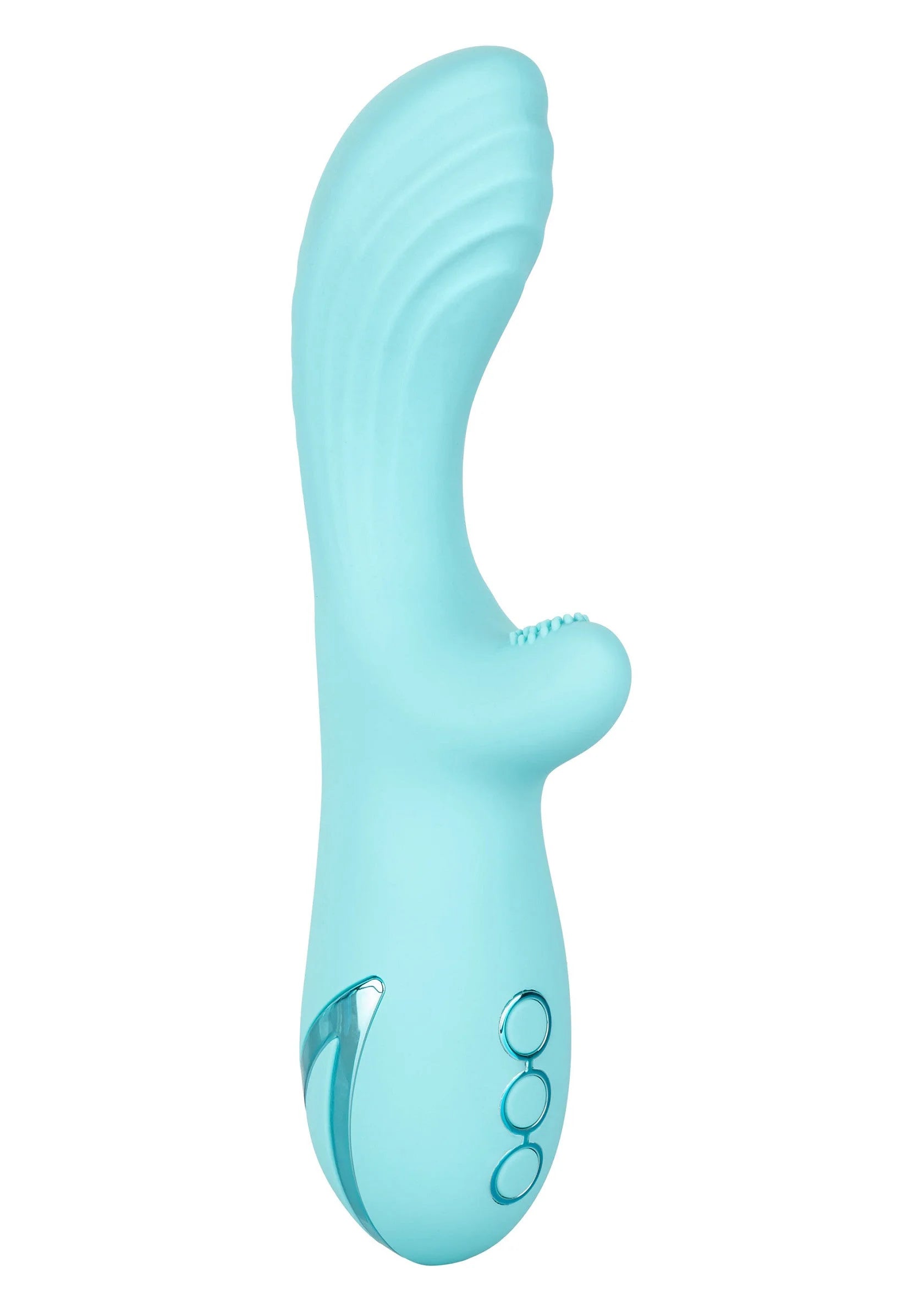 Blauwe vibrator in close-up met drie ovale bedieningsknoppen op het uiteinde