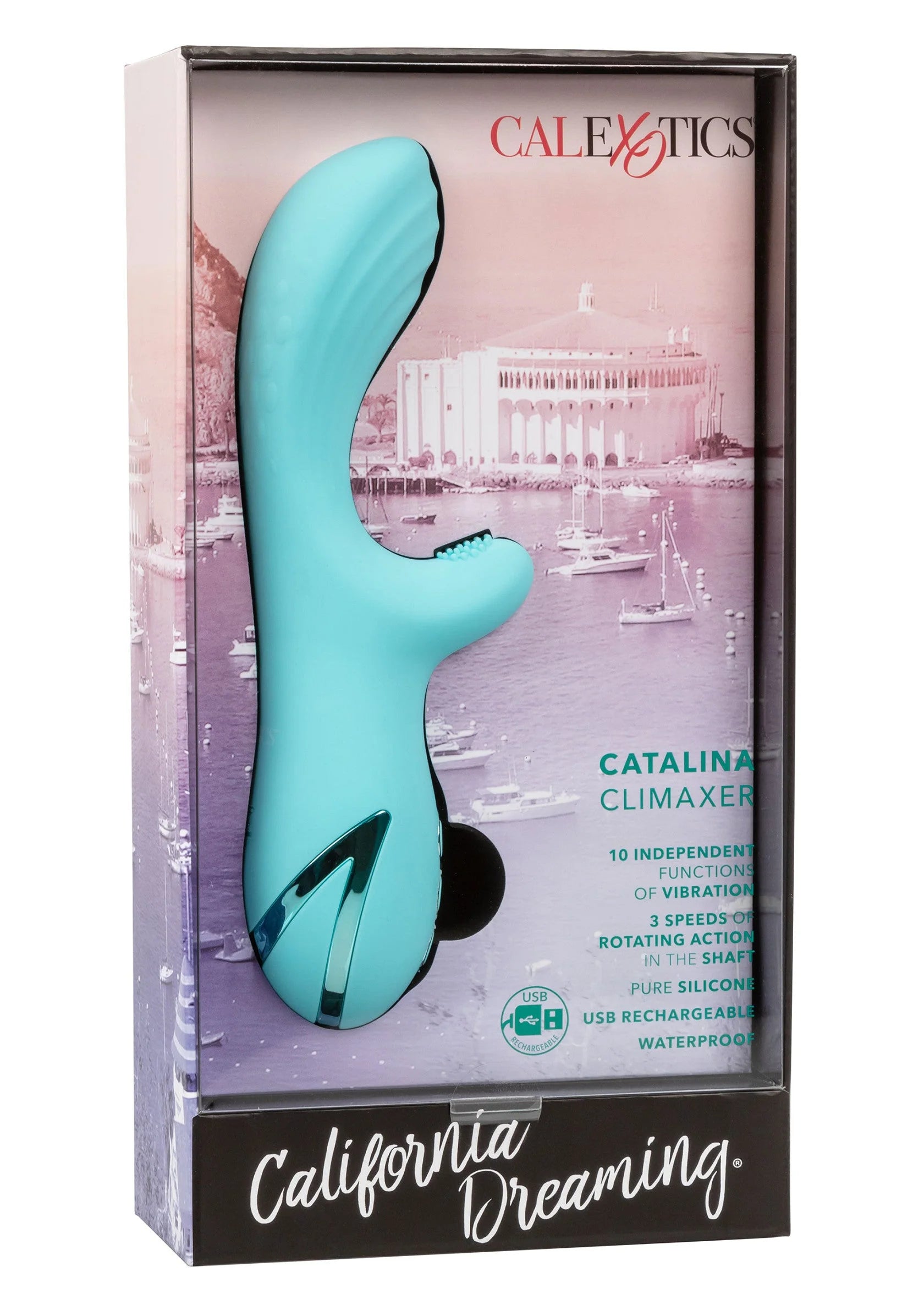 Verpakking van CalExotics Catalina Climaxer vibrator met witte en roze details