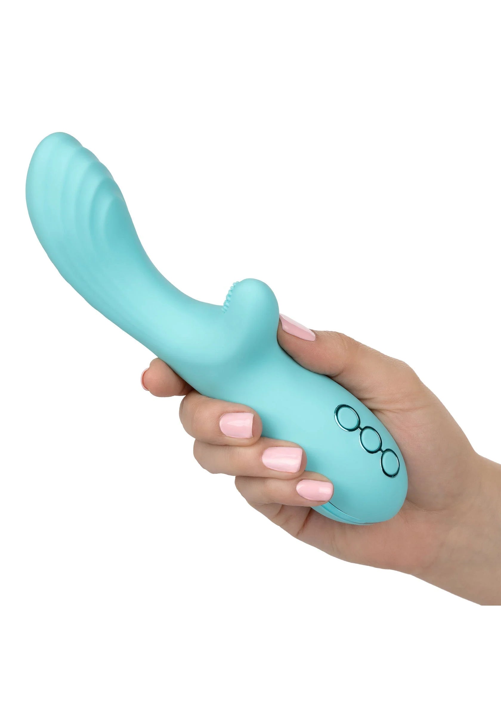 Blauwe vibrator in hand met ronde top en drie ovale knoppen aan de zijkant