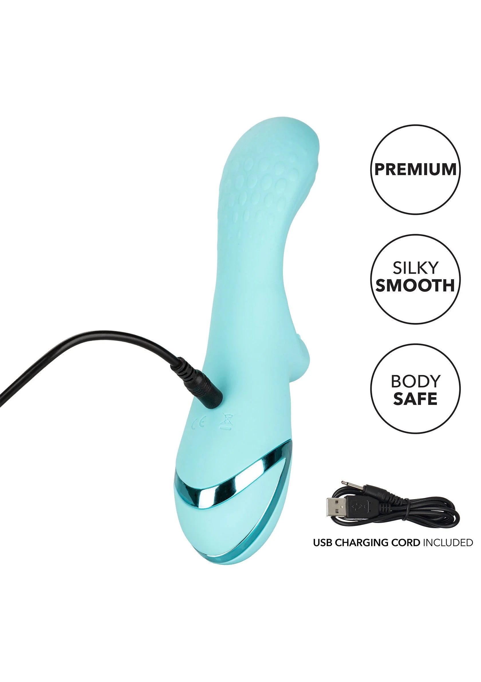 Lichtblauwe gebogen vibrator met USB-laadkabel en verstelbare bedieningsknoppen.