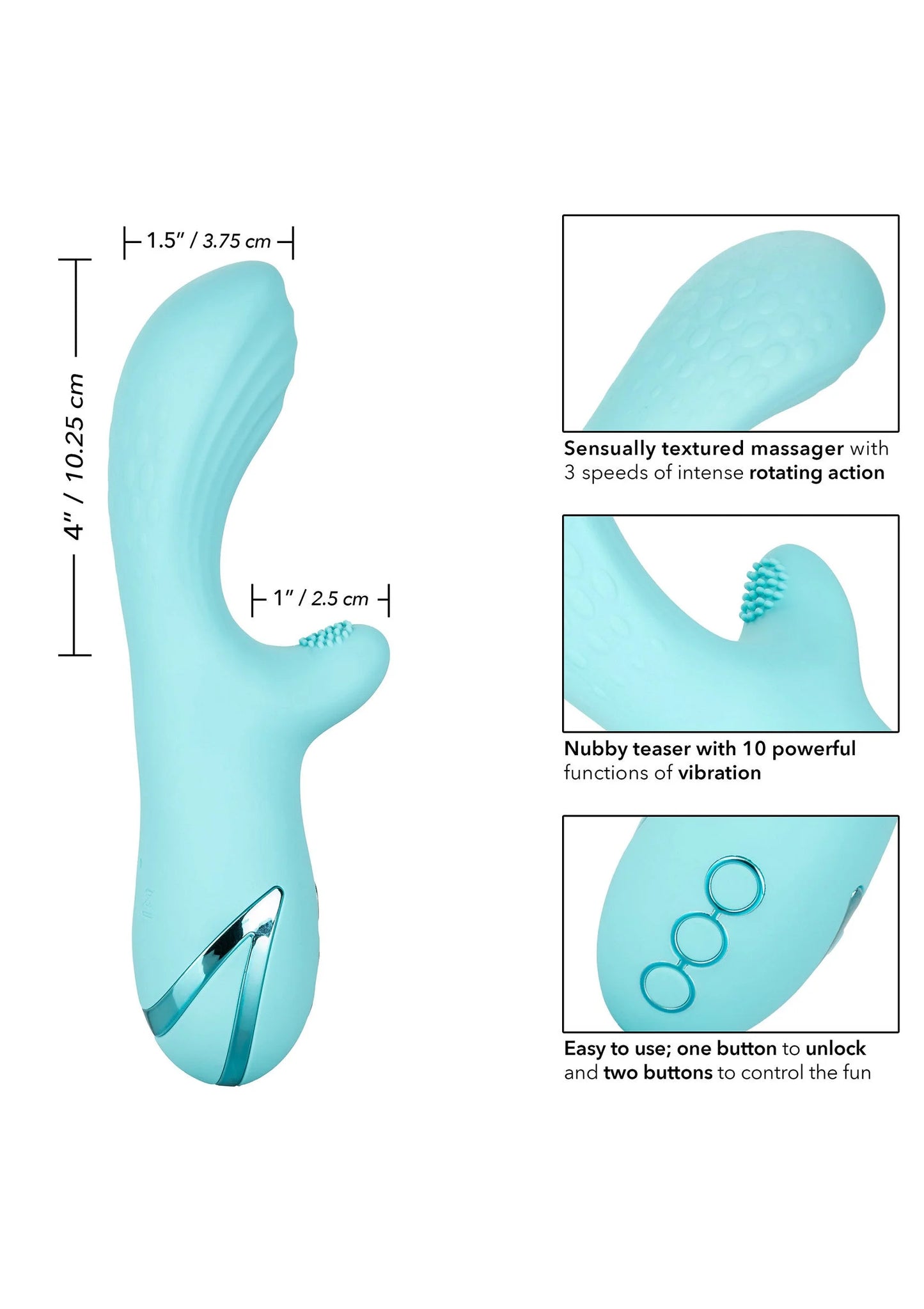 Lichtblauwe gebogen vibrator met getextureerde kop en noppen voor extra prikkeling.