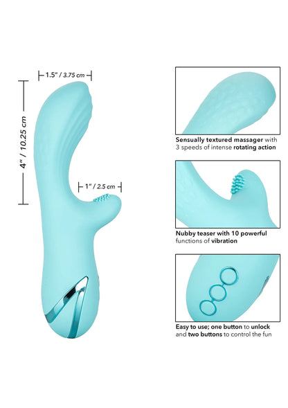 Lichtblauwe gebogen vibrator met getextureerde kop en noppen voor extra prikkeling.