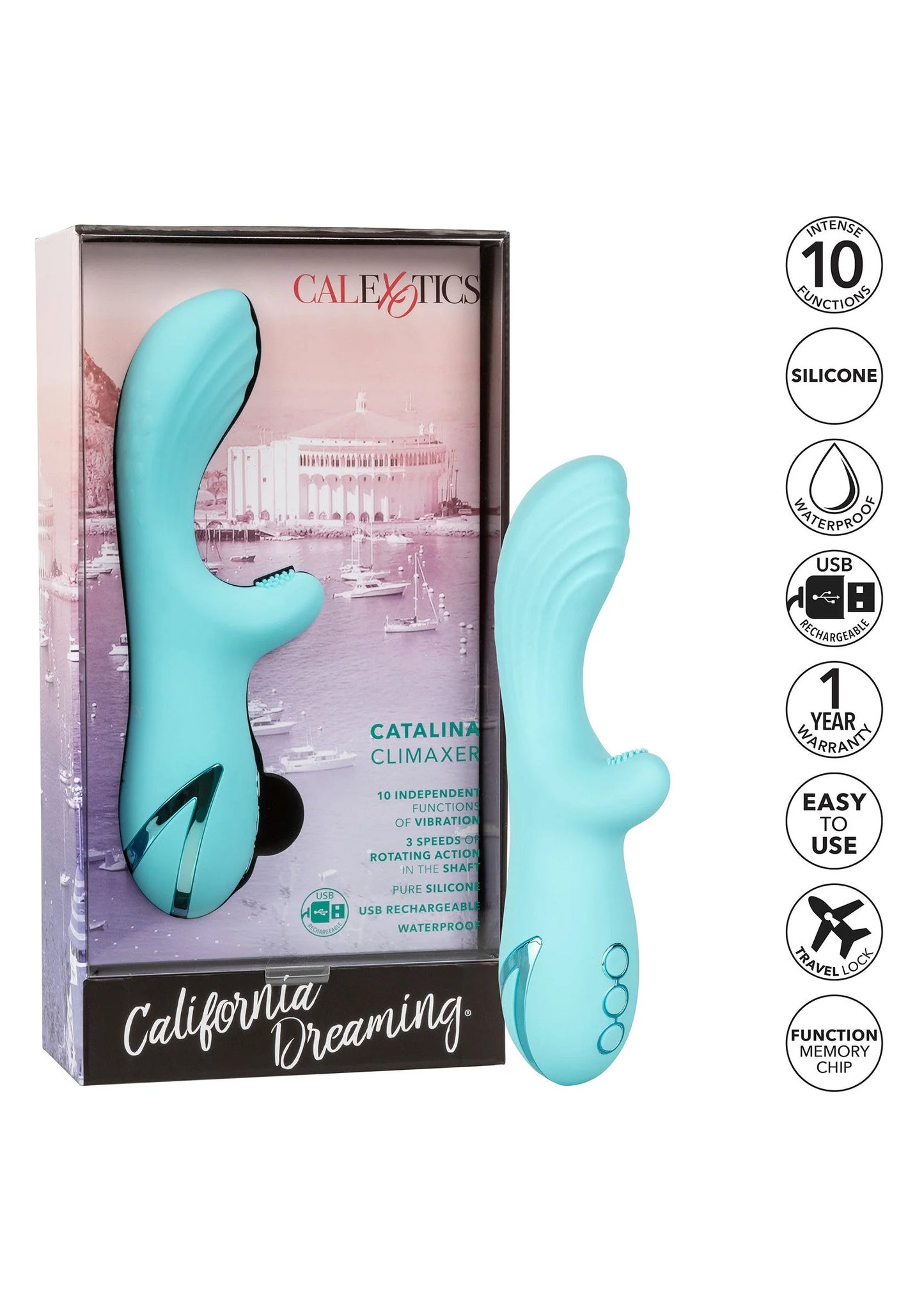 Gebogen lichtblauwe vibrator in verpakking, met ronde knopjes op het handvat.