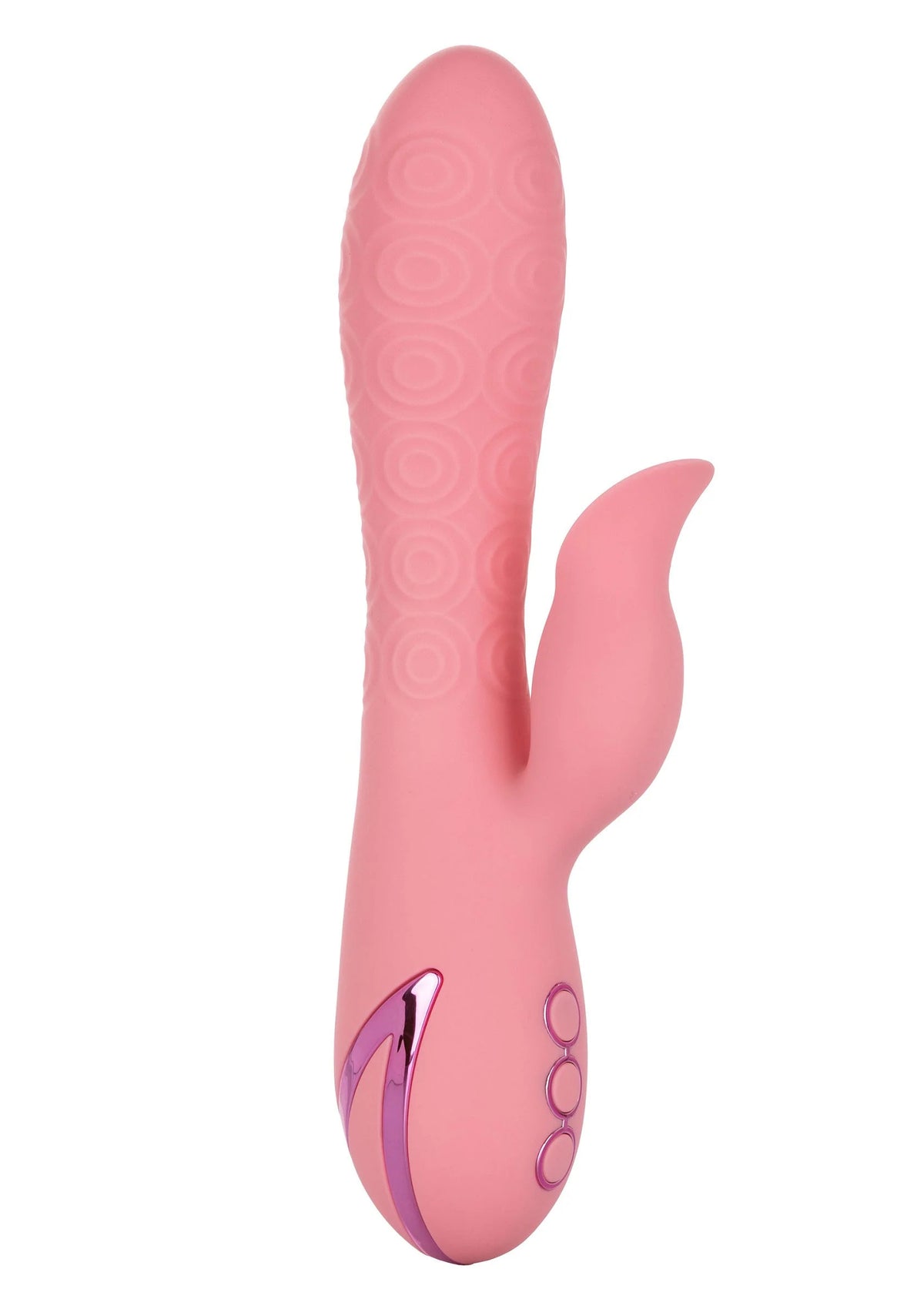 Roze siliconen vibrator met dubbele kop en getextureerd patroon over de hele vorm.