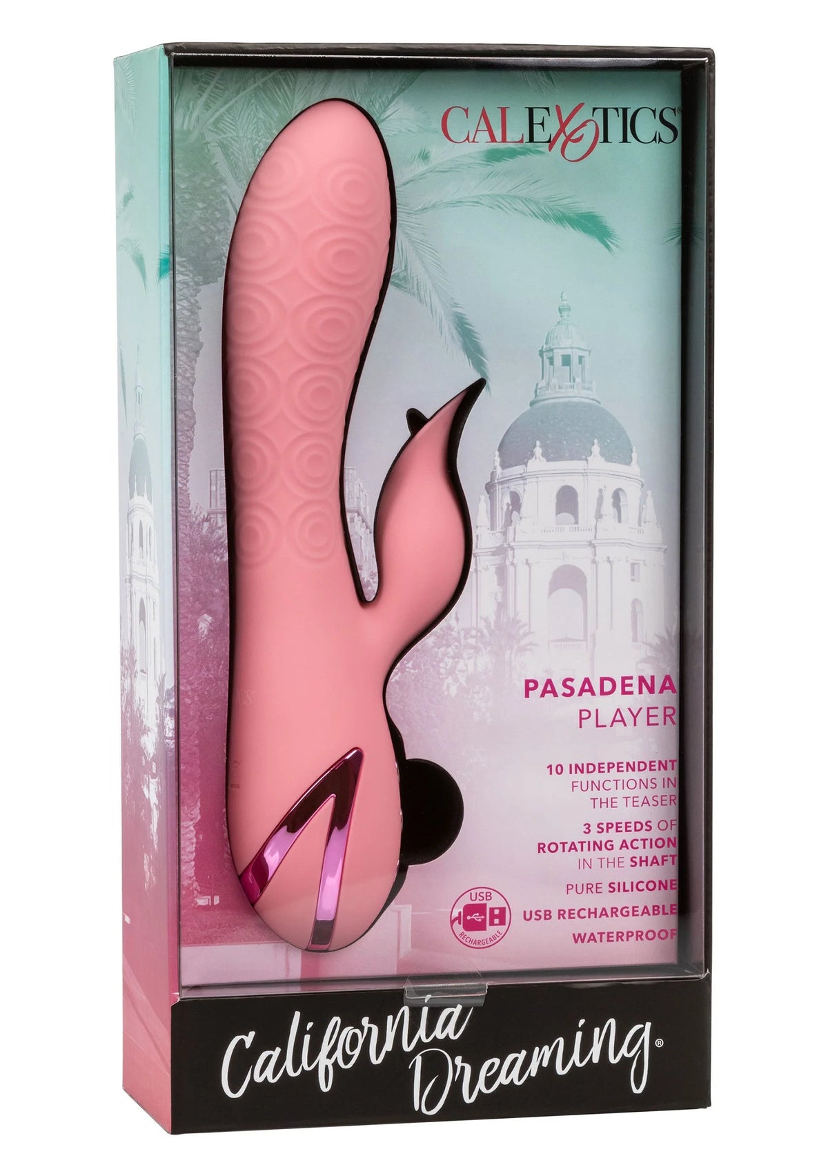 Roze CalExotics doos met “Pasadena Player” afbeelding van de vibrator en tekst op de voorkant.