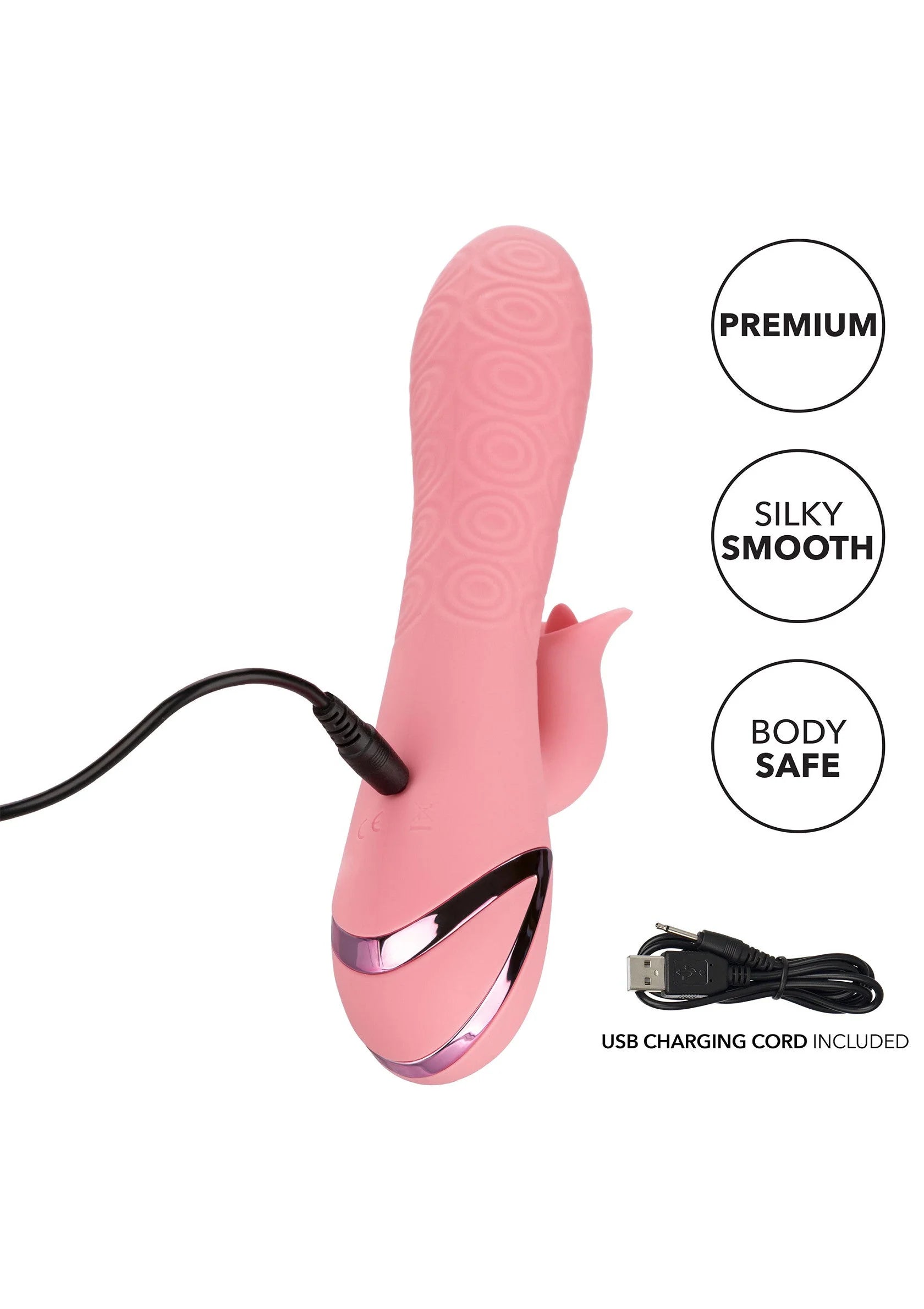 Roze vibrator met reliëf en gebogen vorm, met USB-oplaadkabel