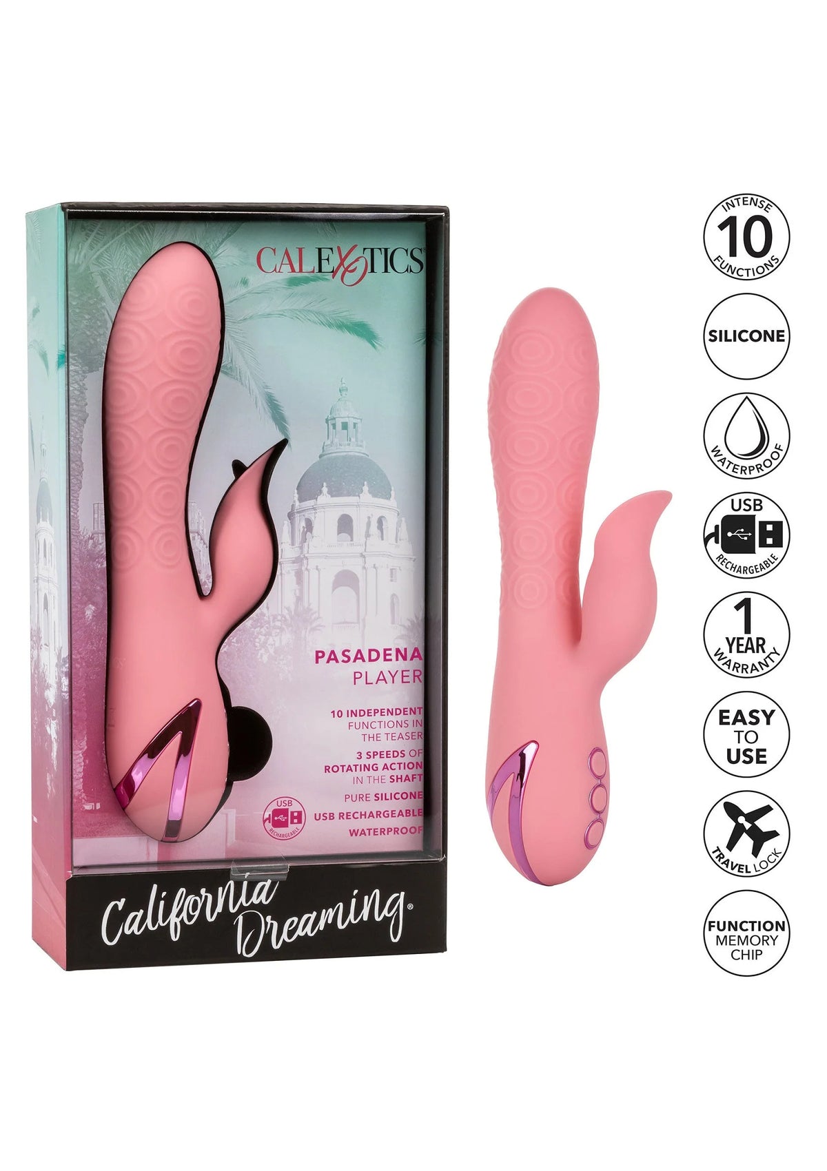 Roze vibrator met reliëfstructuur en gebogen staartvorm, naast CalExotics verpakking