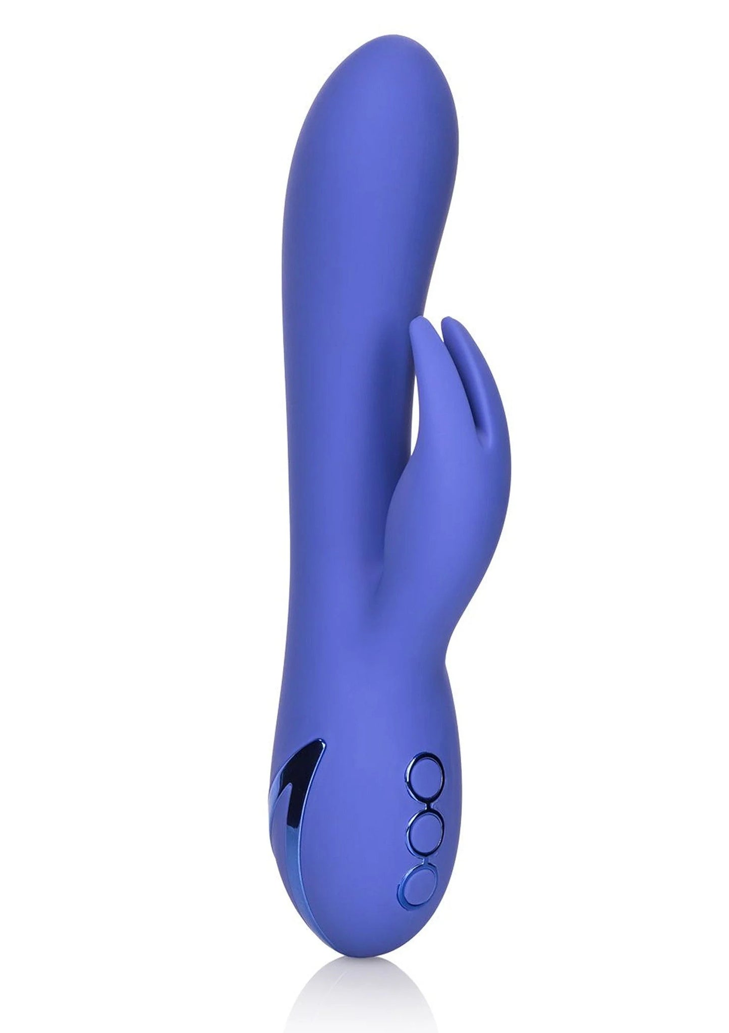 blauwe dubbele konijnenvibrator met gebogen vorm en ronde sluiting bij de basis