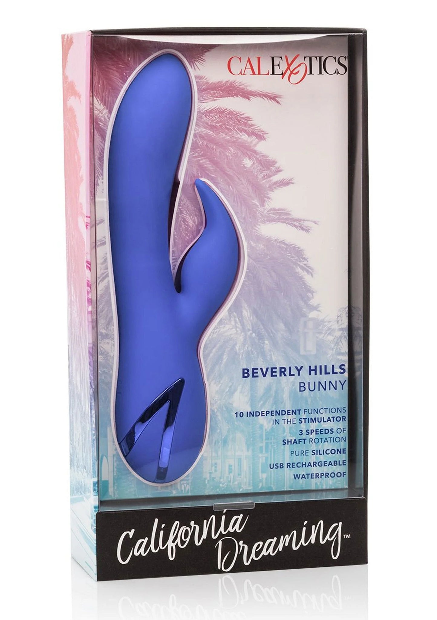 blauwe konijnenvibrator in doos met venster en opvallend ontwerp op de voorkant