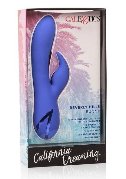 blauwe konijnenvibrator in doos met venster en opvallend ontwerp op de voorkant