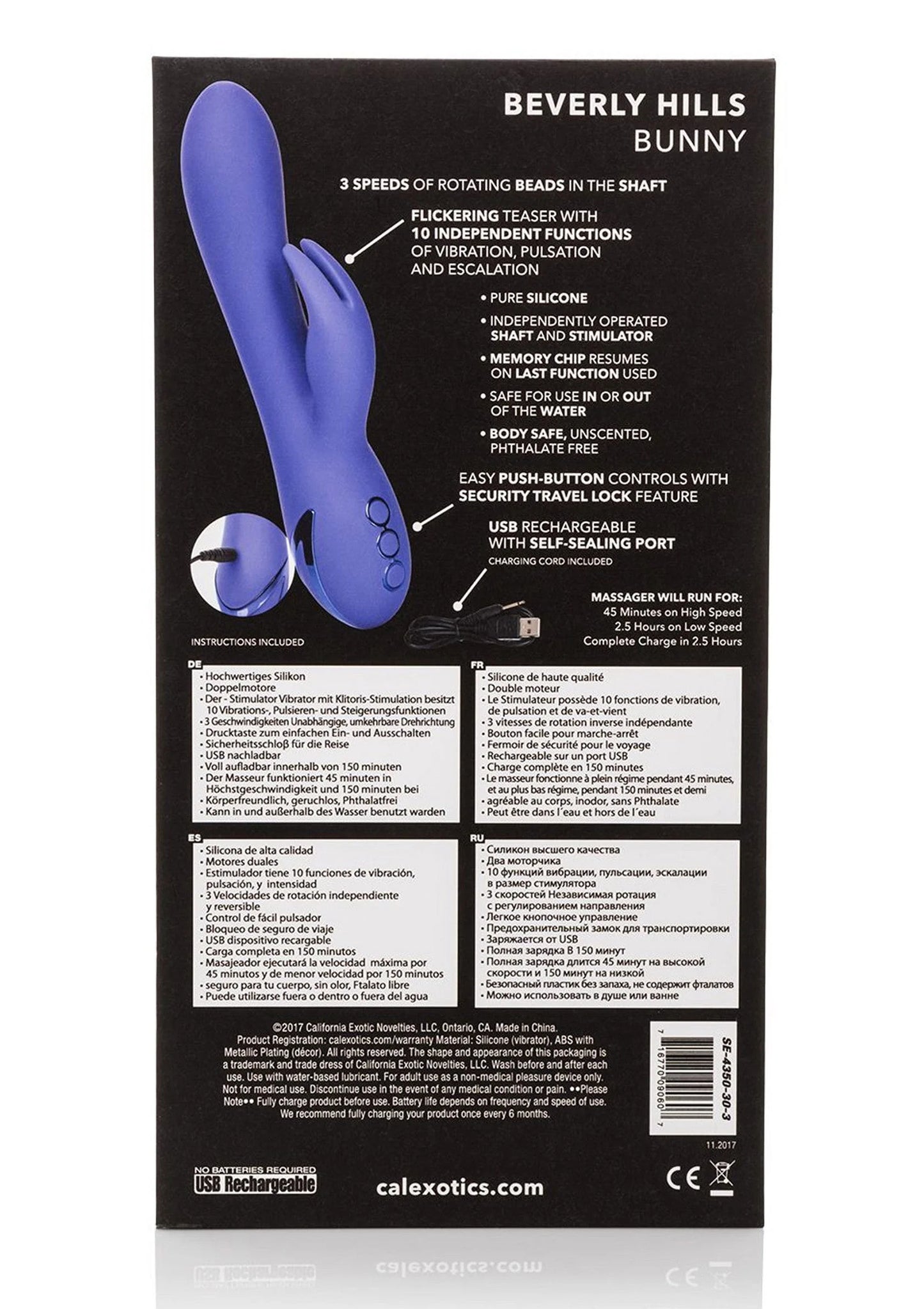 blauwe konijnenvibratorverpakking met productspecificaties aan achterzijde