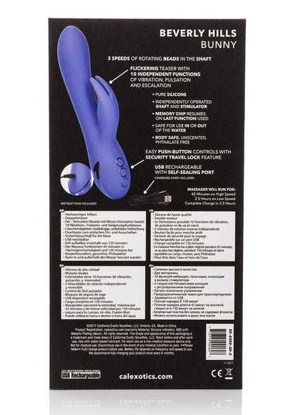 blauwe konijnenvibratorverpakking met productspecificaties aan achterzijde