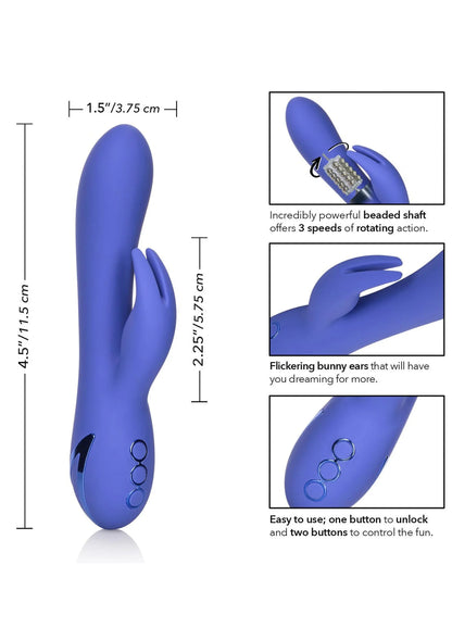 blauwe konijnenvibrator met afmetingen en close-up van bedieningskant