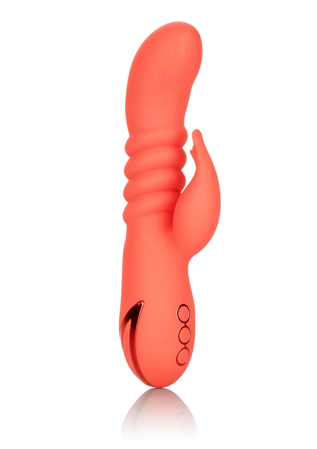 Oranje G-spot vibrator met gebogen kop, ribbels en ovale knopdecoratie