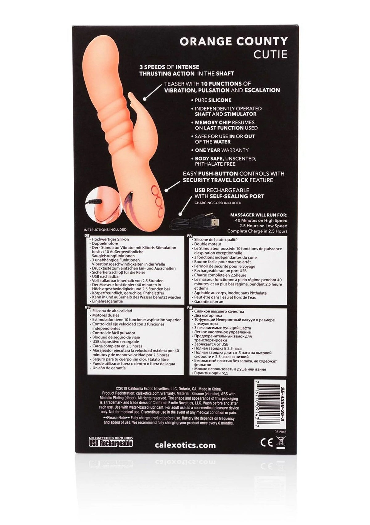 Achterzijde verpakking van oranje G-spot vibrator met specificaties en functies