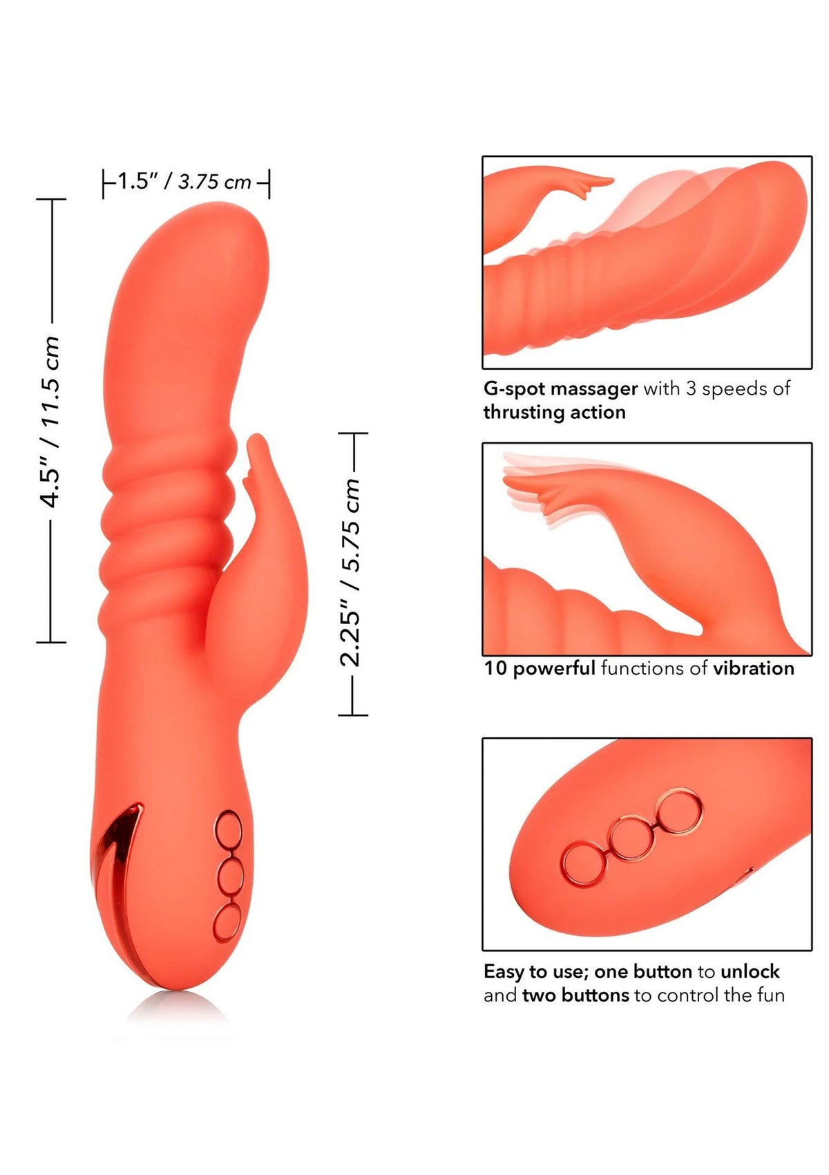 Oranje G-spot massager met 3 snelheden en 10 vibratiefuncties, illustratie