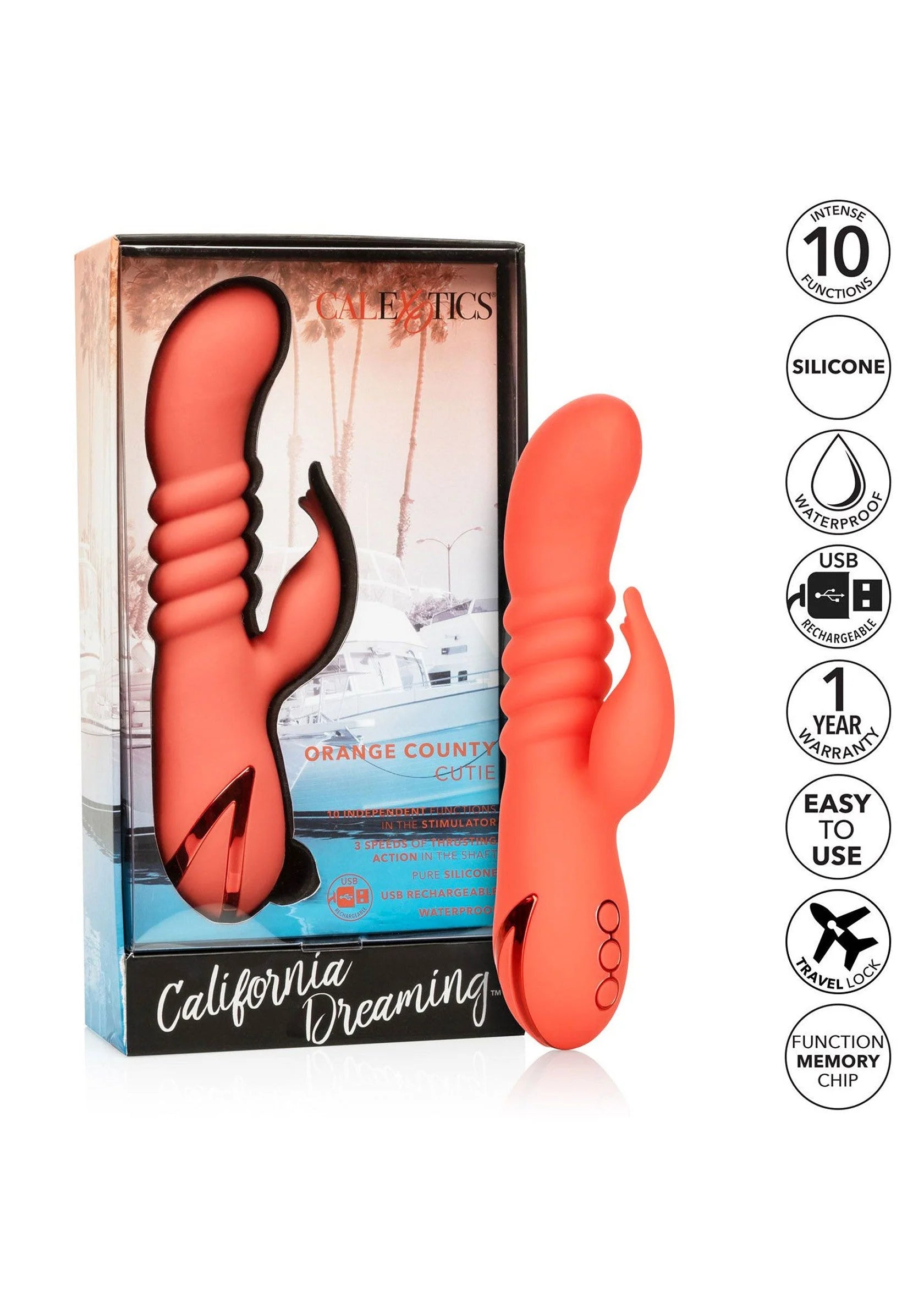 Oranje siliconen G-spot massager in verpakking, met 10 functies en USB