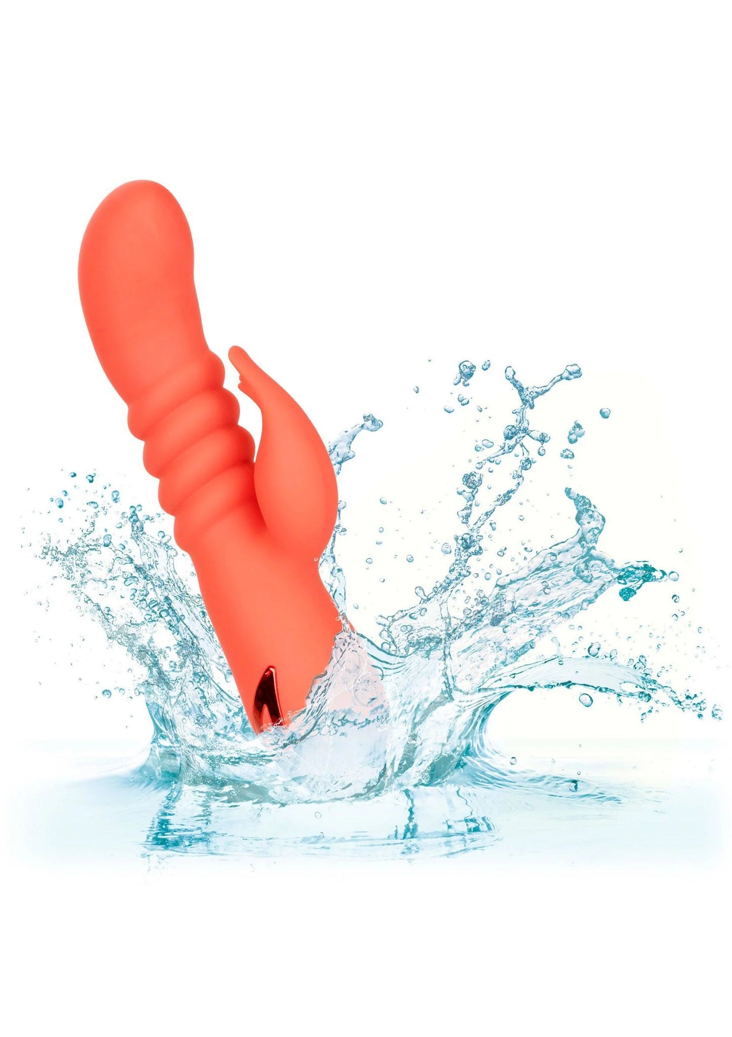 Oranje G-spot massager met water dat spat rond de gebogen vibrator