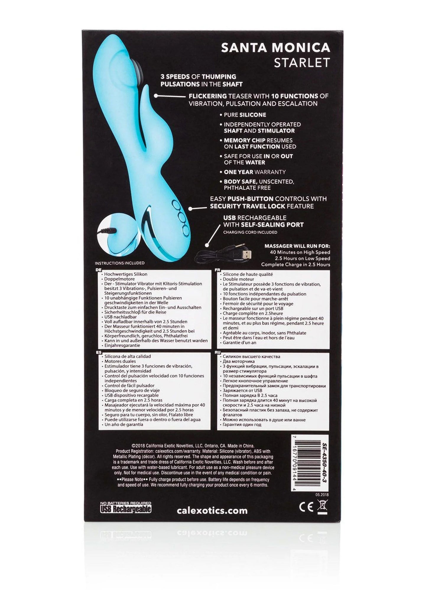 Turquoise vibrerende sekspop met specificaties op de achterkant van de doos.