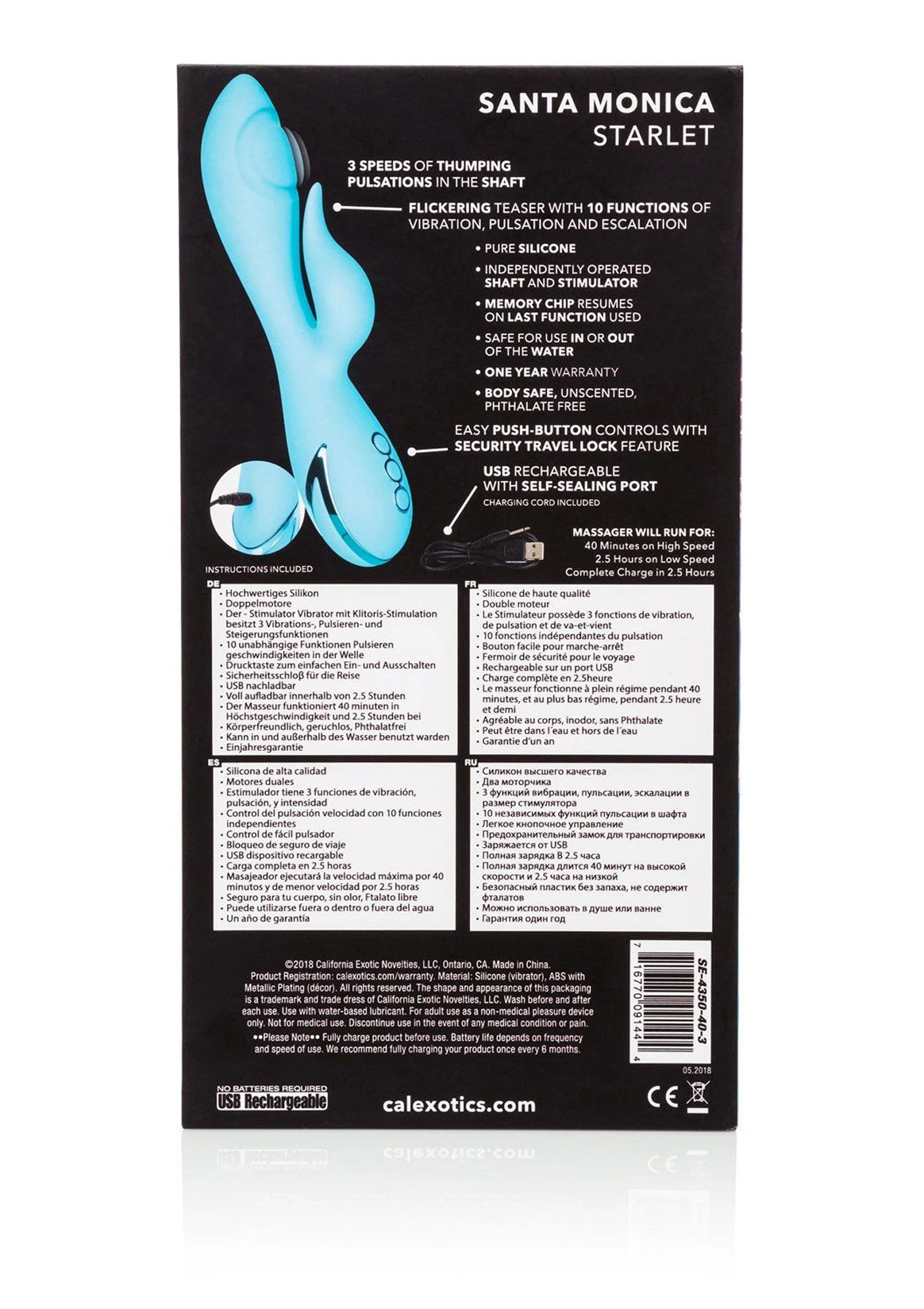 Turquoise vibrerende sekspop met specificaties op de achterkant van de doos.