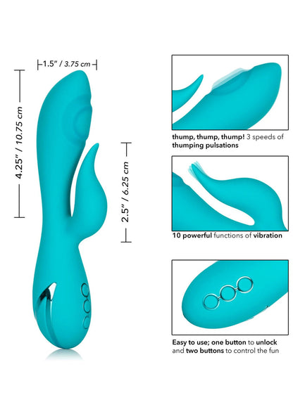 Turquoise vibrerende siliconen dildo met handgreep en knoppen, zijaanzicht