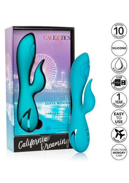 Turquoise siliconen vibrerende dildo in verpakking, staand met productdetail