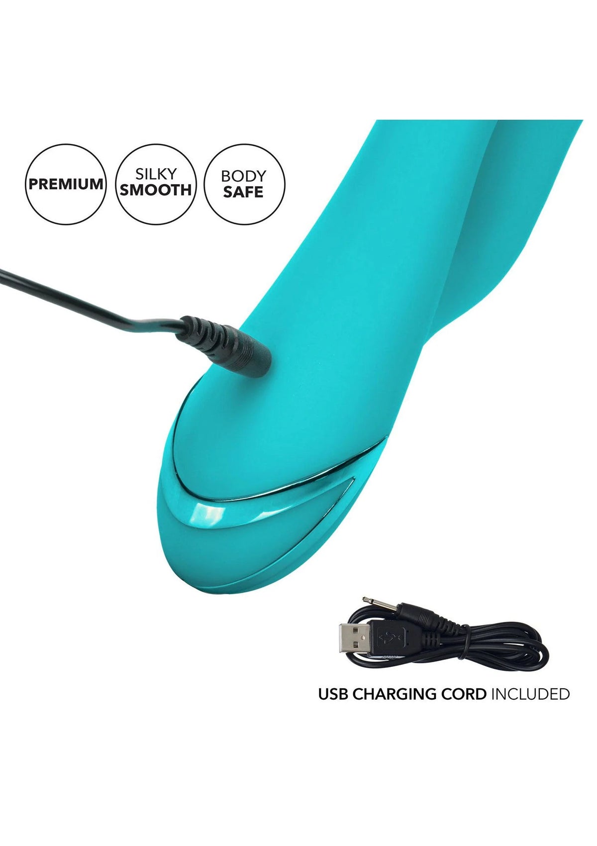 Turquoise siliconen dildo met USB-oplaadkabel, laadpoort bij de basis
