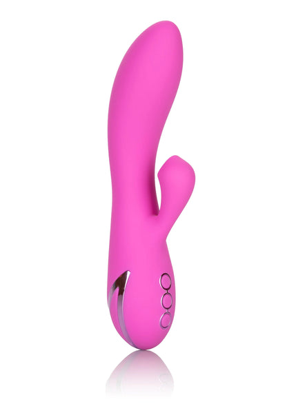 Felroze siliconen vibrator, staand model met ronde ovale basis en knop