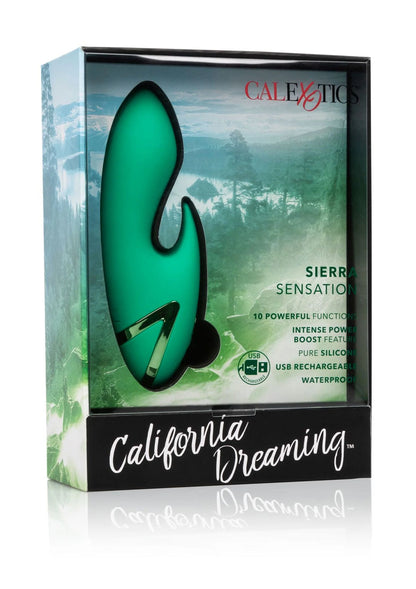 Verpakking CalExotics Sierra Sensation met groene dubbele stimulator en landschap