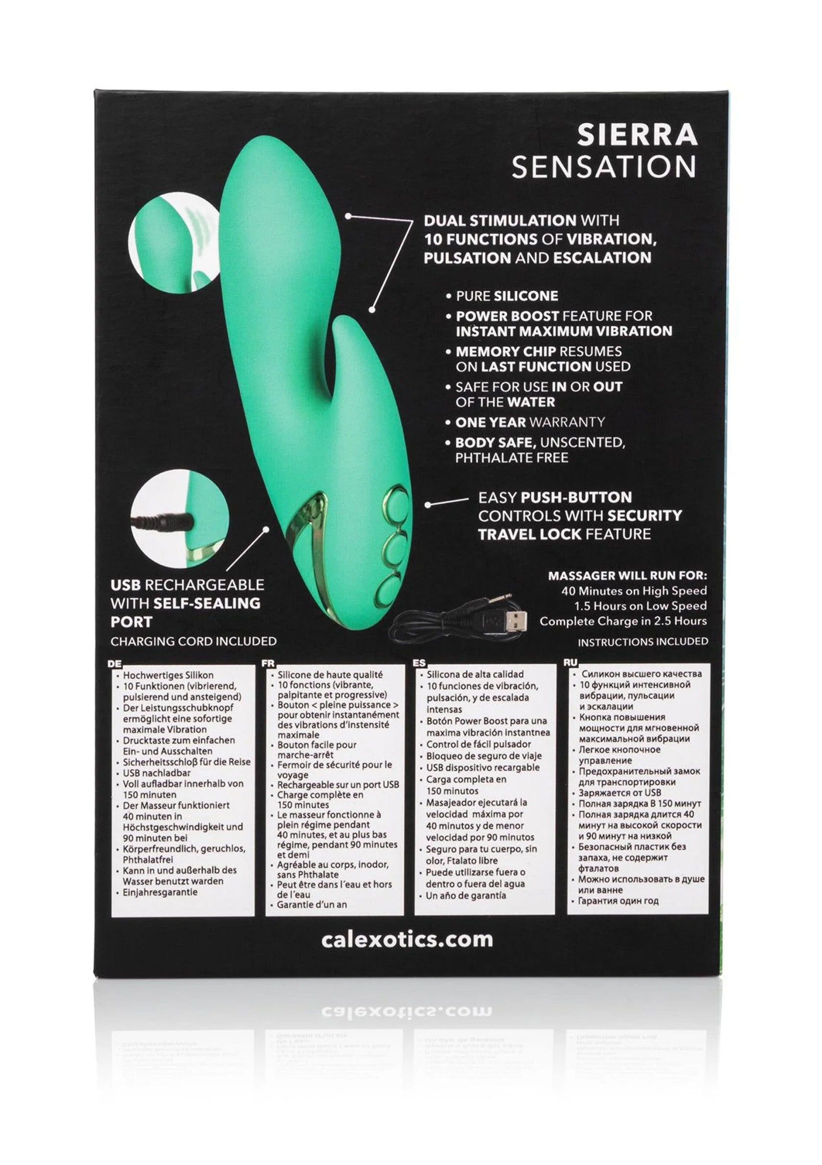 Achterzijde verpakking Sierra Sensation met groene dubbele stimulator en specificaties