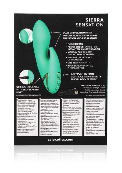 Achterzijde verpakking Sierra Sensation met groene dubbele stimulator en specificaties