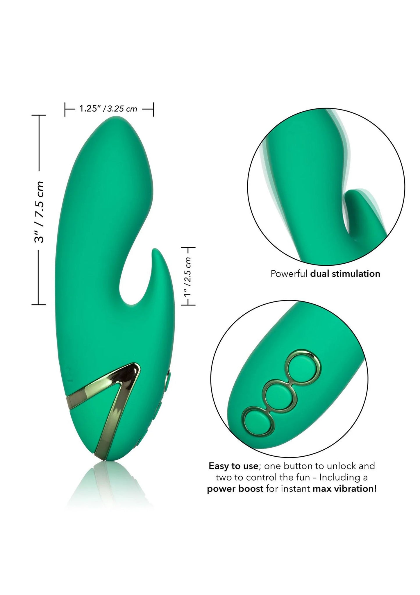 Groene dubbele stimulator met afmetingen en close-up van de ronde knoppen