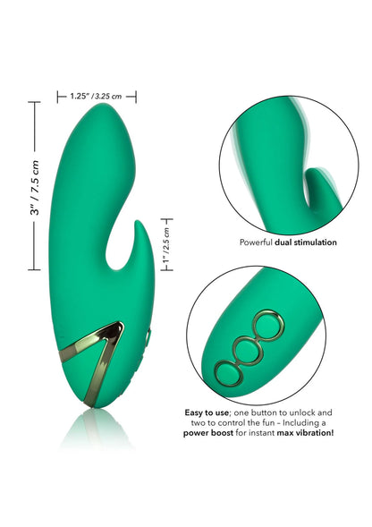 Groene dubbele stimulator met afmetingen en close-up van de ronde knoppen