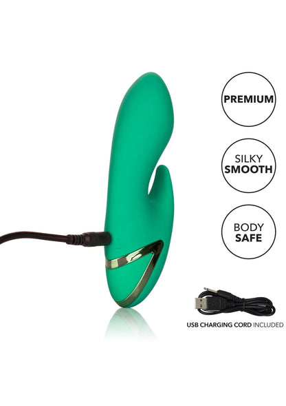 Groene dual-action vibrator met ronde kop en kleine zijopening, met zwarte snoerconnector.