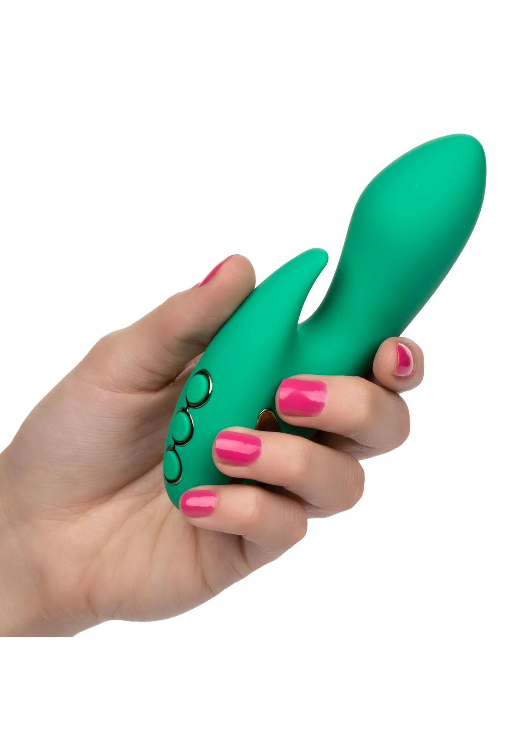 Groene vibrator met ronde kop en kleine zijopening, vastgehouden in twee handen.