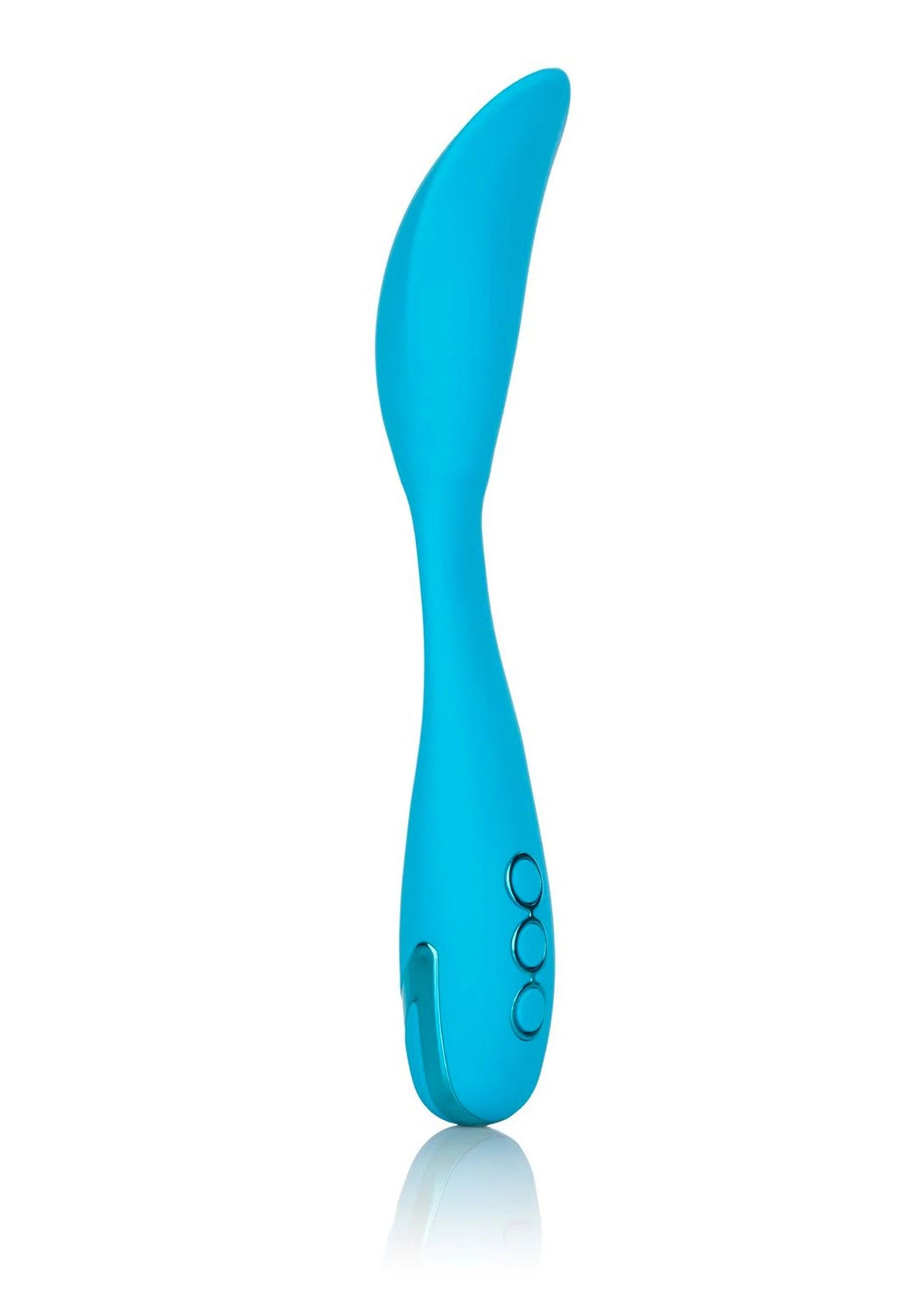 Blauwe siliconen vibrator, slanke gebogen vorm met knopjes op de zijkant.