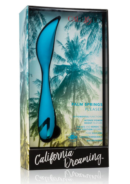 Voorzijde verpakking met blauwe vibrator, palmbomenprint en tekst Palm Springs Pleaser.