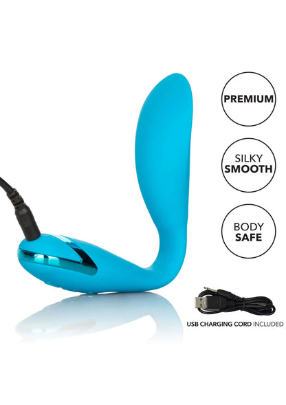 Blauw vibrerend seksspeeltje met gebogen dubbele vorm en USB-laadkabel