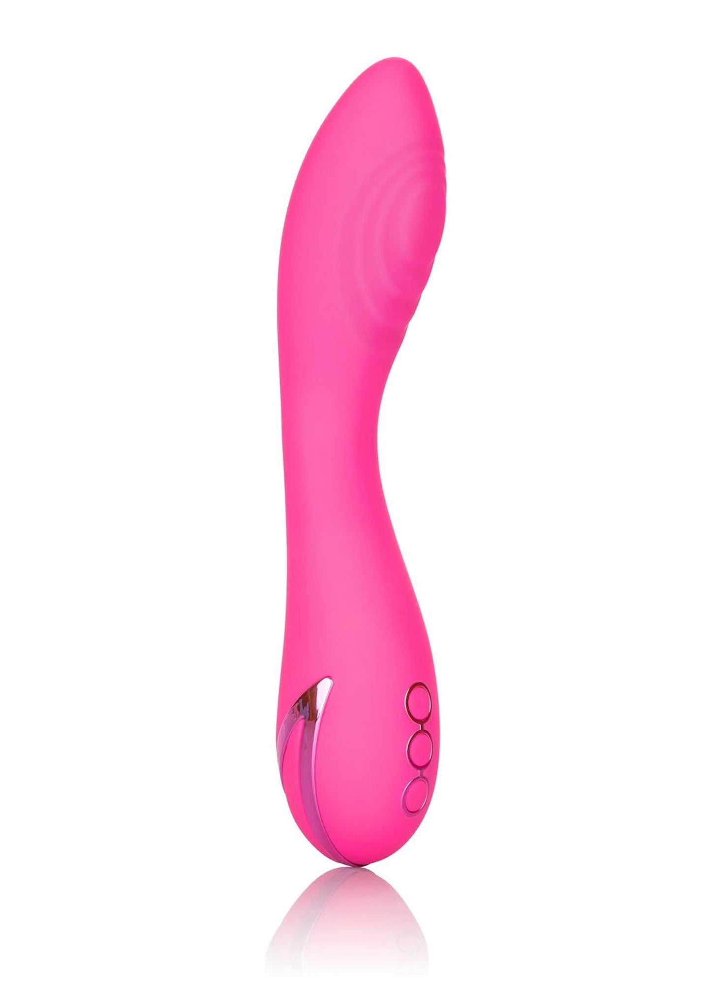 Roze siliconen vibrator met gebogen kop en ronde bedieningsknoppen onderaan