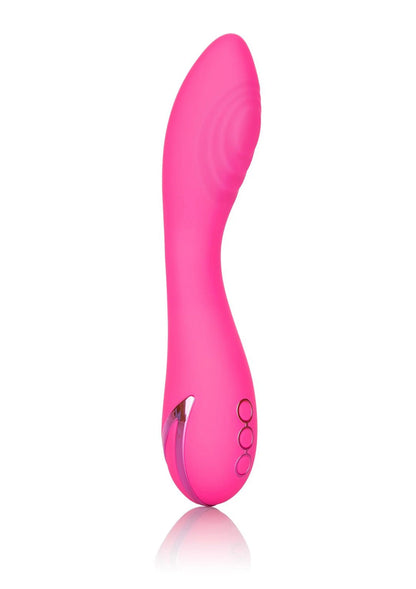 Roze siliconen vibrator met gebogen kop en ronde bedieningsknoppen onderaan